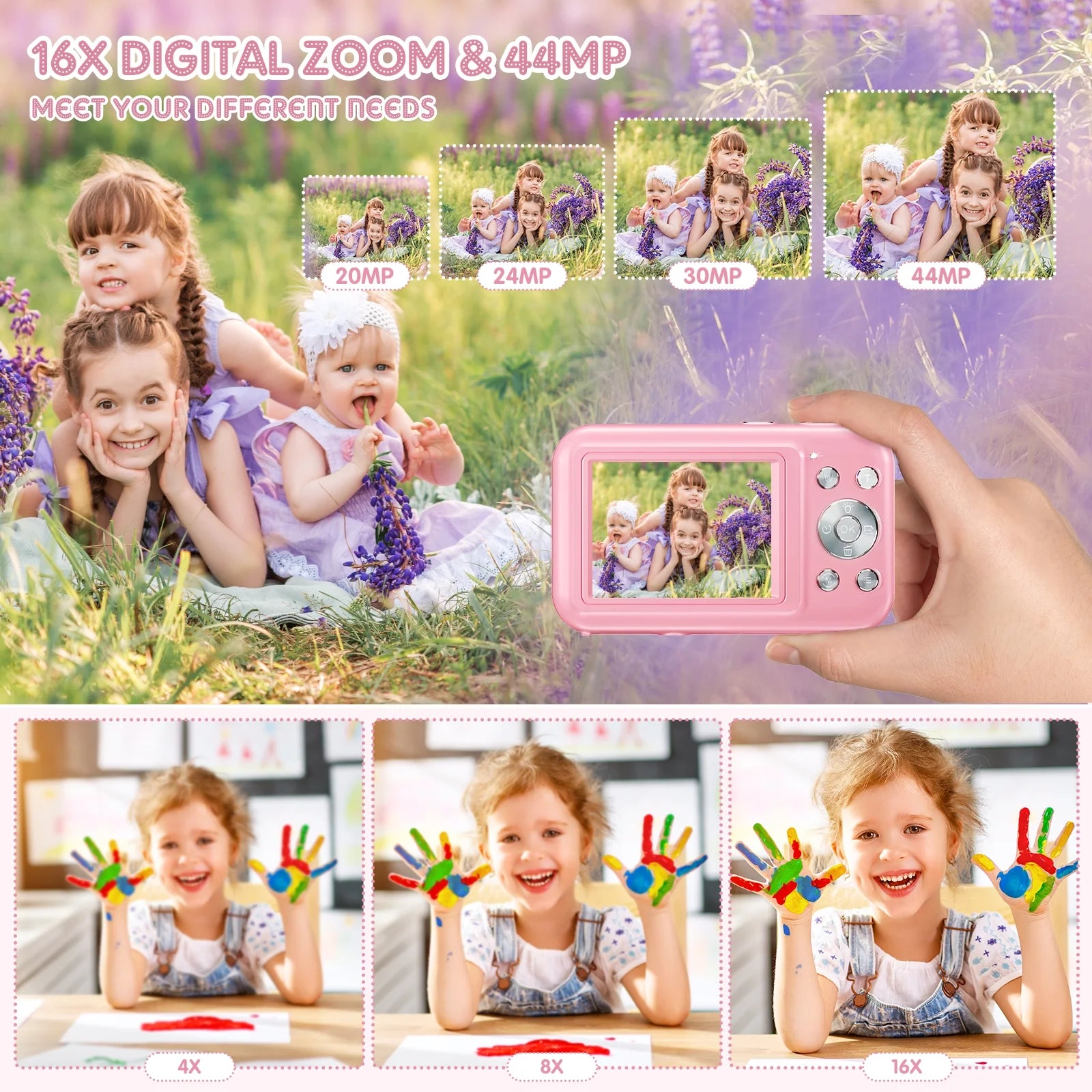 Digital Camera 1080P Kids Camera 16X Digital Zoom Portable Small Camera Point and Shoot Camera Mini Digital Camera for Teens Kids Seniors with 32GB Card(Pink)