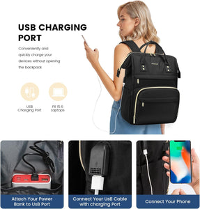 Laptop Backpack Women Teacher Backpack Nurse Bags, 15.6 Inch Womens Work Backpack Purse Waterproof Anti-Theft Travel Back Pack with USB Charging Port (Black)