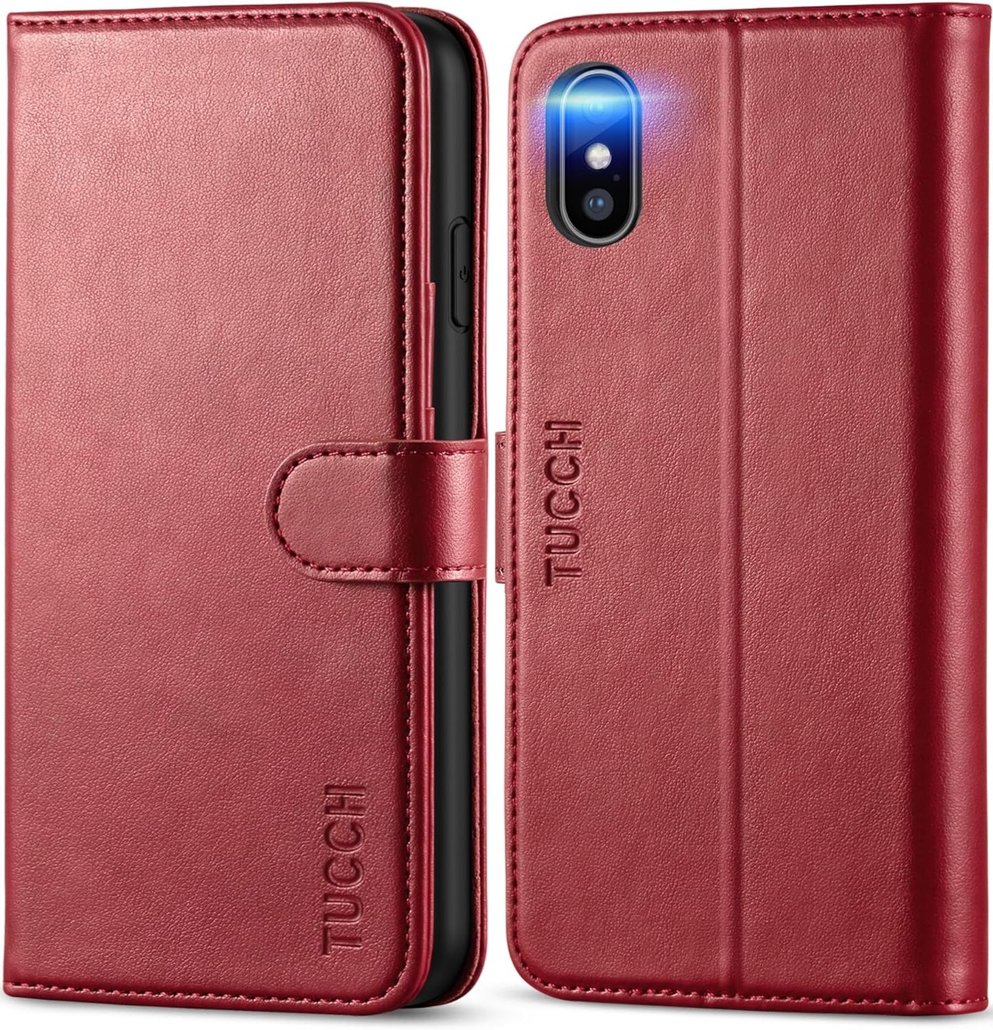 Wallet Case for Iphone Xs Max, PU Leather Folio with RFID Blocking Card Slot, Stand Auto Wake/Sleep Wireless Charging Flip Cover Shockproof TPU Shell Compatible with Iphone Xs Max 6.5", Dark Red