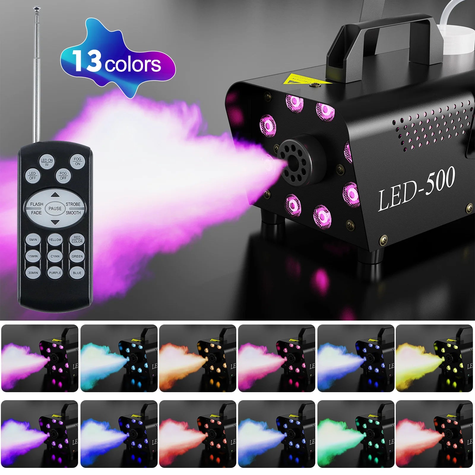 Halloween Smoke Machine, Fog Machine Indoor- 3 Stage LED Lights with 13 Colors & Strobe Effect, with Receiver and Wireless Remote Controls, 4.18 Pounds