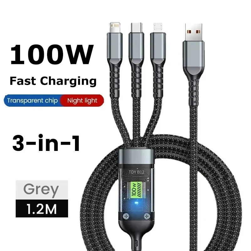 100W 3 in 1 Super Fast Charging Cable, LED Indicator, Durable Nylon Braiding, Charging Solution for Type-C, Iphone, and Android