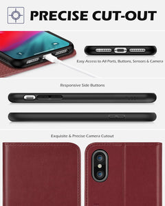 Wallet Case for Iphone Xs Max, PU Leather Folio with RFID Blocking Card Slot, Stand Auto Wake/Sleep Wireless Charging Flip Cover Shockproof TPU Shell Compatible with Iphone Xs Max 6.5", Dark Red