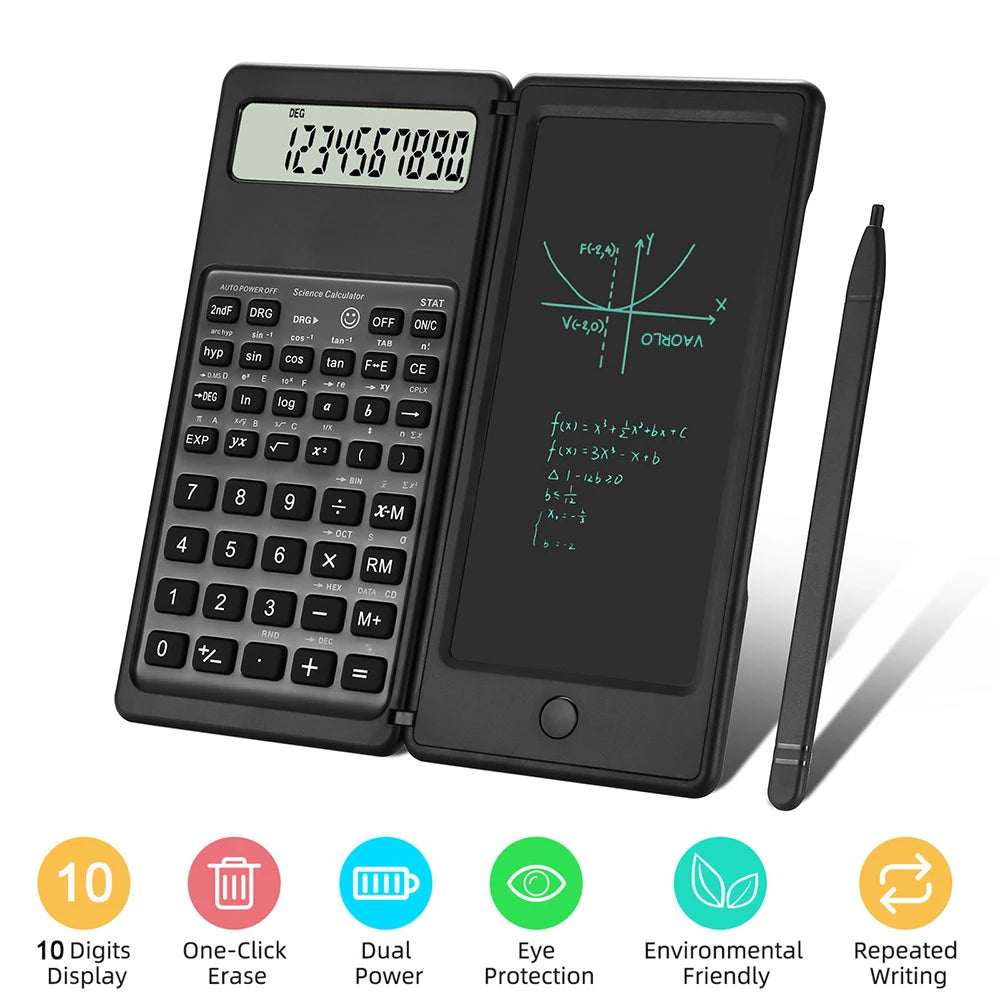 2 in 1 Foldable Scientific Calculators 10 Digits LCD Display with 6 Inch Writing Tablet Support Stylus Pen Erase Button Lock