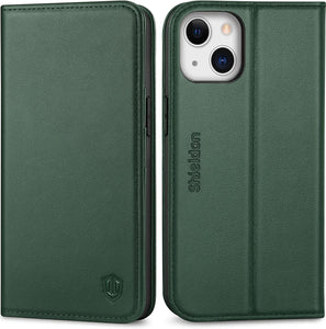 Case for Iphone 13, Genuine Leather Wallet Folding Case with Kickstand RFID Blocking Card Slots Magnetic Shockproof Case Compatible with Iphone 13 5G (6.1" 2021) - Midnight Green