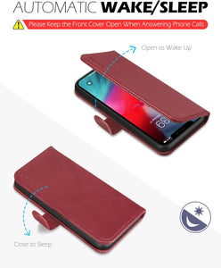 Wallet Case for Iphone Xs Max, PU Leather Folio with RFID Blocking Card Slot, Stand Auto Wake/Sleep Wireless Charging Flip Cover Shockproof TPU Shell Compatible with Iphone Xs Max 6.5", Dark Red